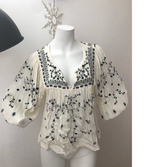 Crepe Embroidery Crochet Top Blouse Folk Polish Ukrainian Zara/ free people copy - Picture 1 of 3